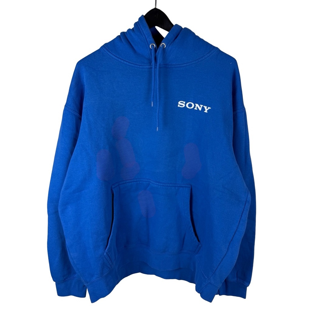 Mens Sony Tech Company Promo Pullover Blue Spellout Logo Hoodie Size XL